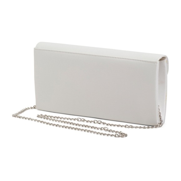 Nina Pom Pom Envelope Clutch Ivory Satin Detachable Chain Shoulder Bag 9.5x5in